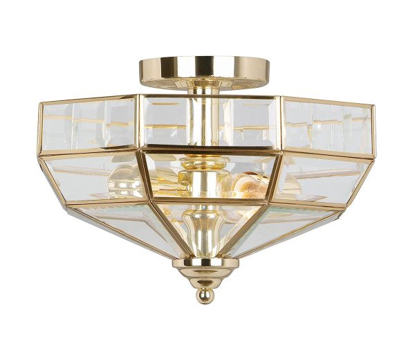 Old Park 2 light semi-flush ceiling lantern in solid polished brass