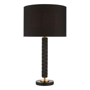 Emani textured table lamp in black and gold with black shade on white background