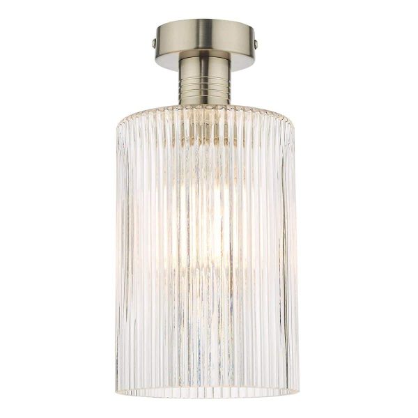 Emerson low ceiling light in aged chrome with ribbed cylinder glass shade on white background