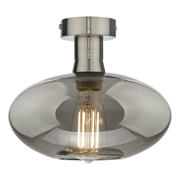 Emerson Low Ceiling Light Aged Chrome Smoked Oval Glass