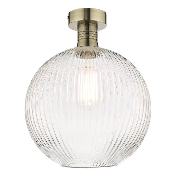 Emerson Low Ceiling Light Antique Brass Ribbed Glass Globe