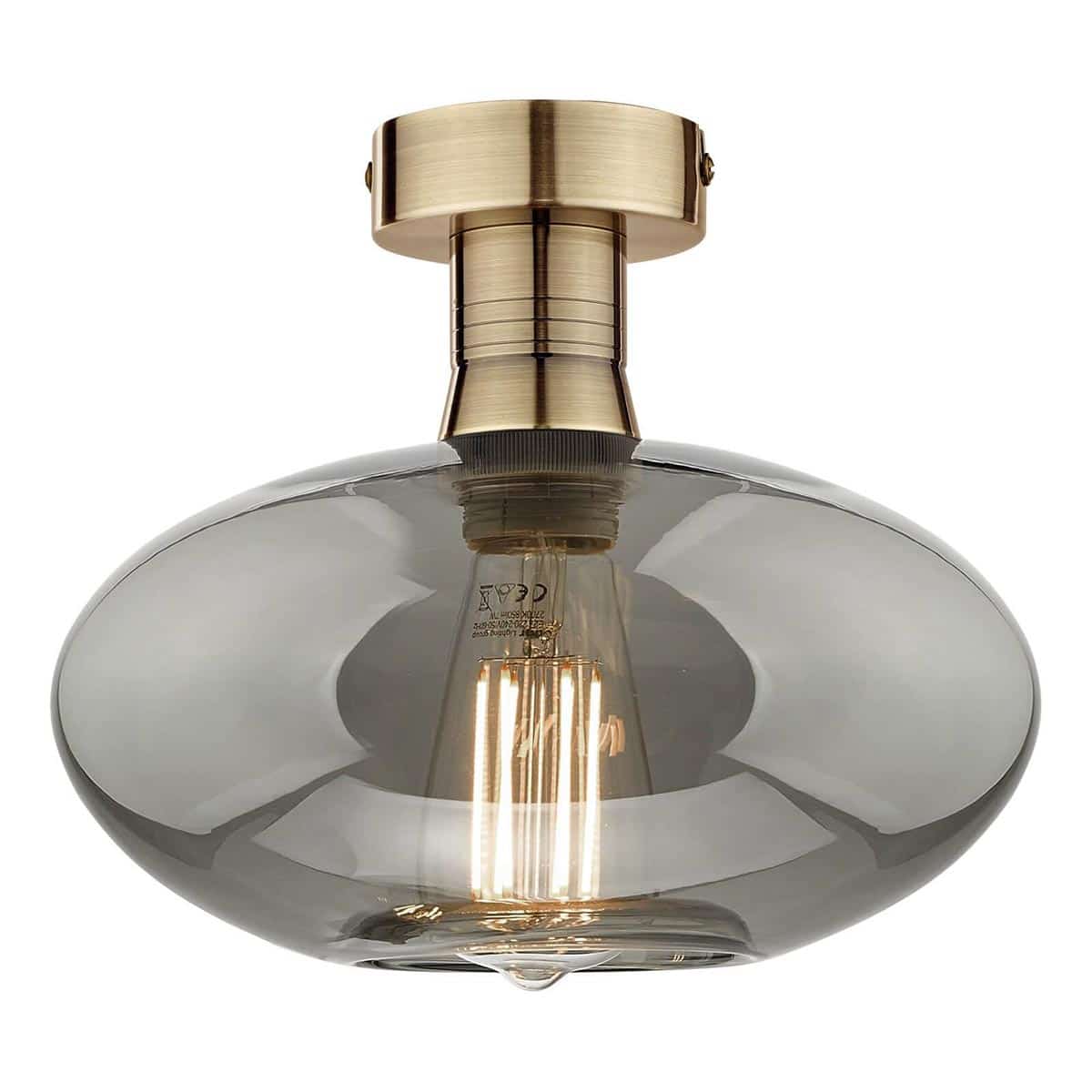 Emerson Low Ceiling Light Antique Brass Smoked Oval Glass