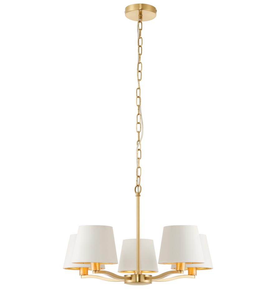 Endon Harvey 5 Light Chandelier White Shades Satin Gold