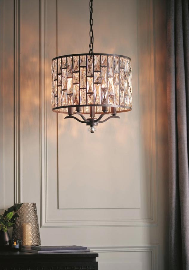 Endon Belle 5 Light Crystal Drum Ceiling Pendant Dark Bronze