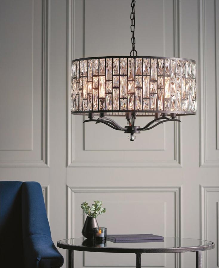 Endon Belle 8 Light Crystal Drum Ceiling Pendant Dark Bronze