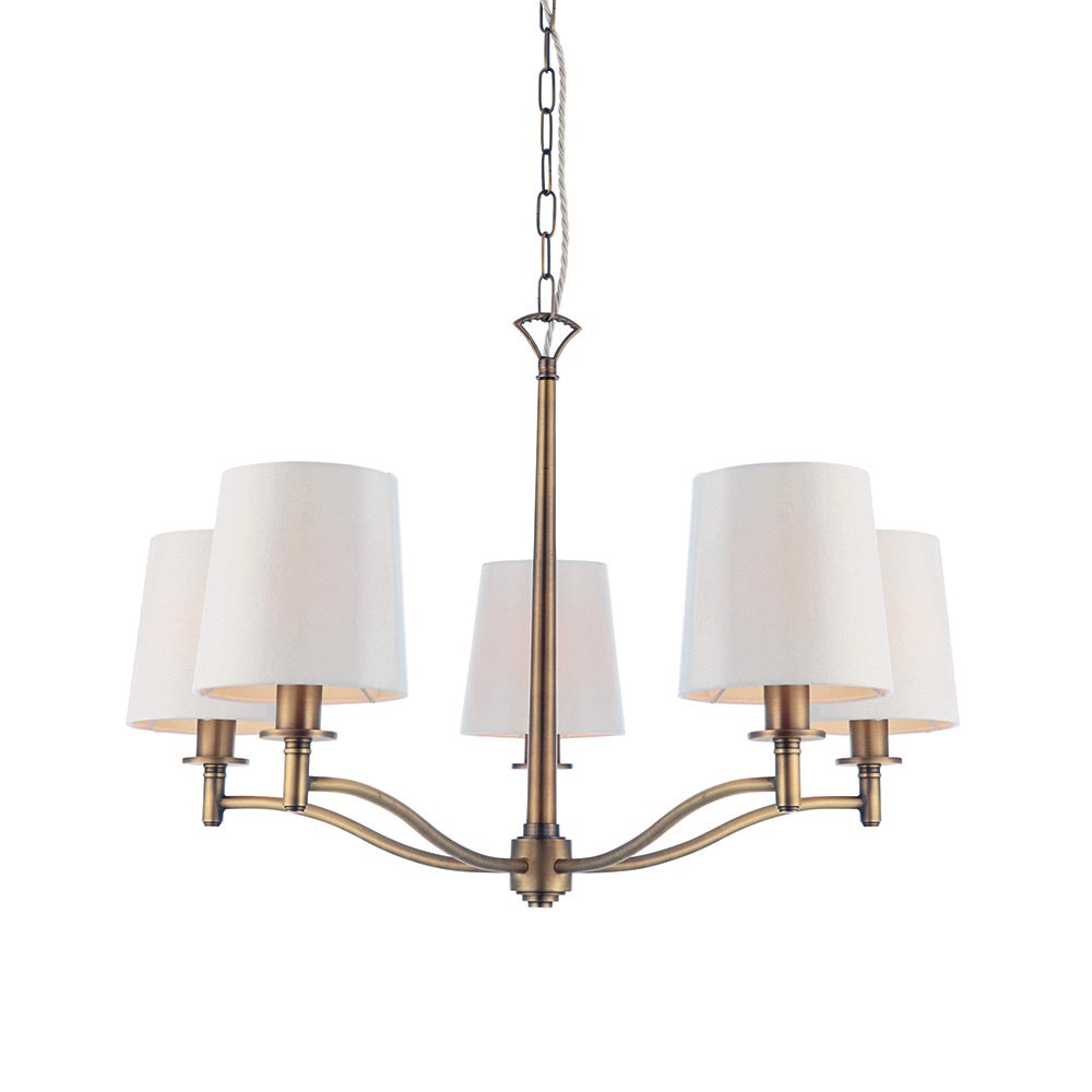 Endon Ortona Classic 5 Light Chandelier Matt Aged Brass White Shades