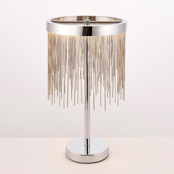 Endon Zelma LED ring table lamp in polished chrome with silver chain waterfall main image