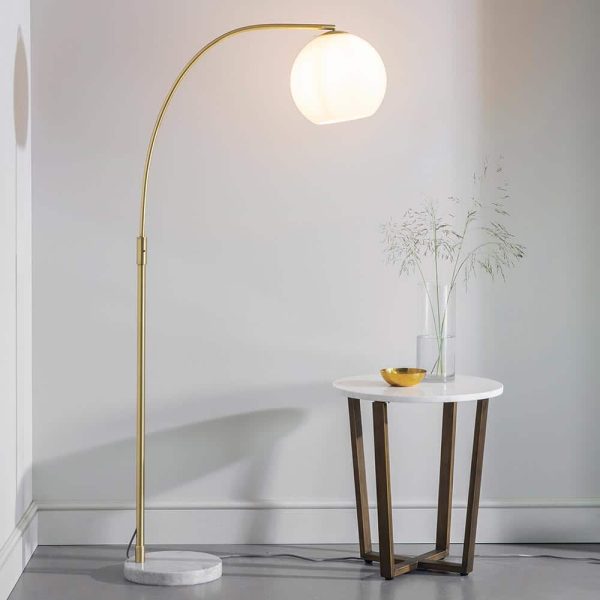 Otto 1 Light White Marble Arc Floor Lamp Antique Brass Opal Glass Shade