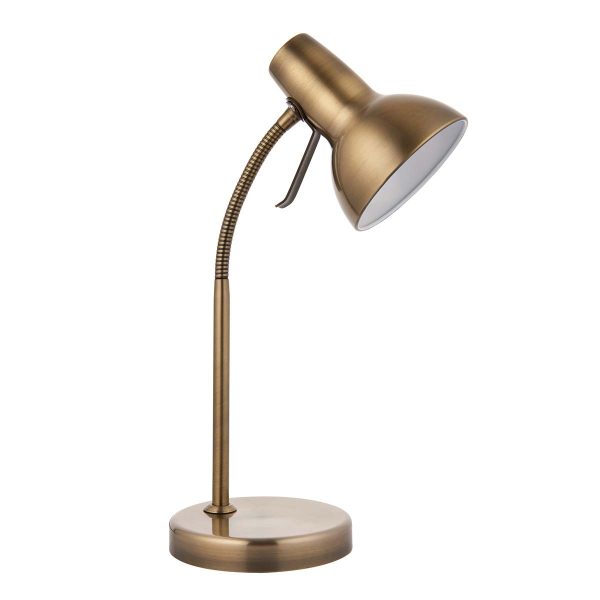 Endon Amalfi task table lamp with USB charging port in antique brass on white background