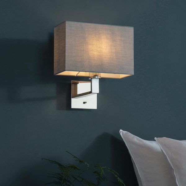 Endon Norton Switched Bedside Wall Light Chrome Soft Grey Box Shade