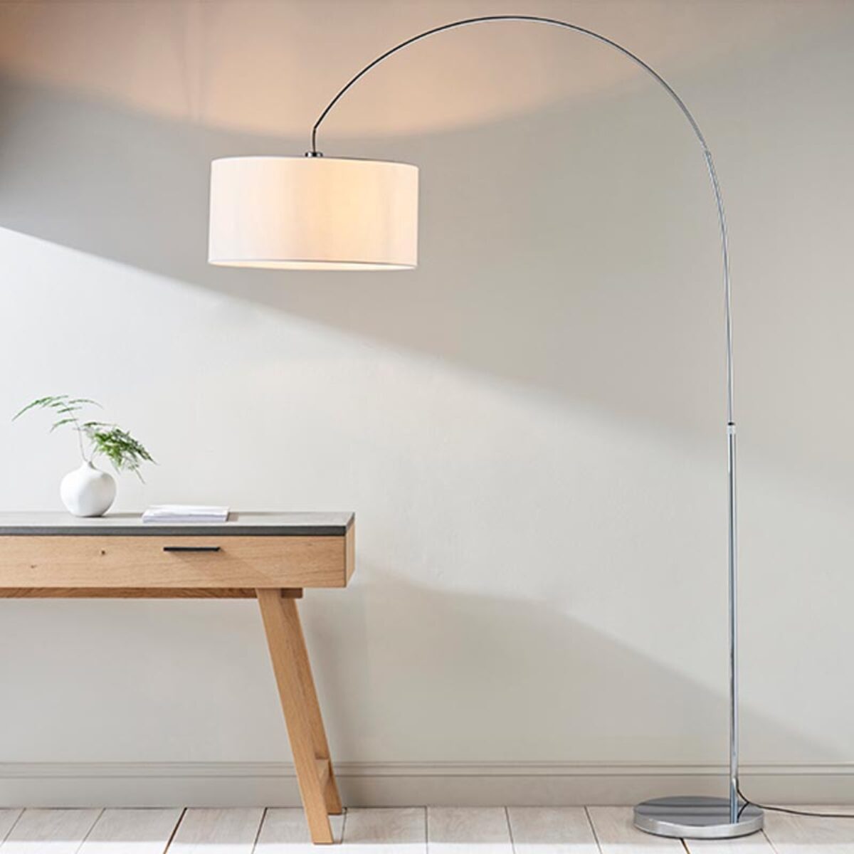 Endon Owen Large 1 Light Chrome Arc Floor Lamp White Drum Shade Endon Owen Large 1 Light Chrome Arc, Arc Lamp Drum Shade