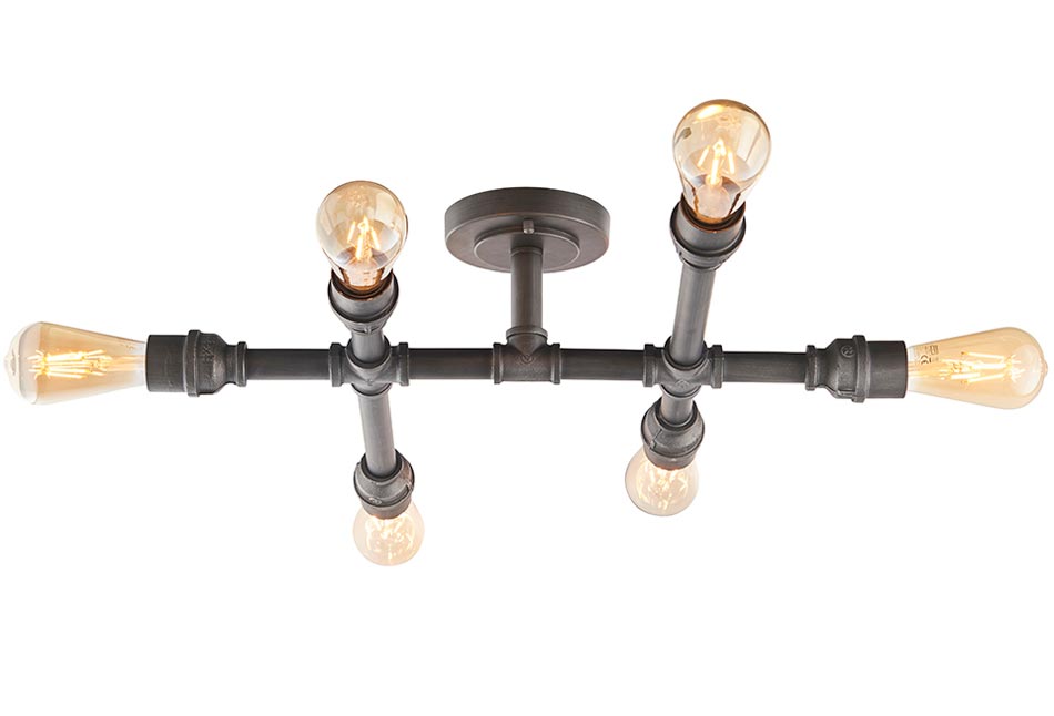 Pipe 6 Light Steampunk Semi Flush Ceiling Light Aged Pewter