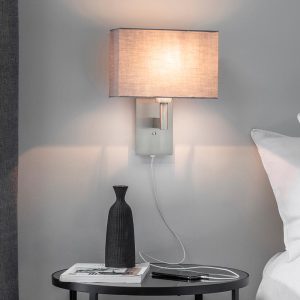 Endon Owen switched USB bedside wall light matt nickel & rectangular grey cotton shade roomset
