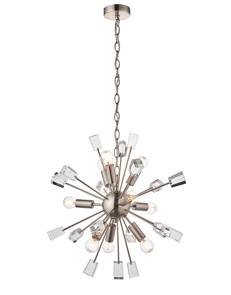 Endon Miro 9 Light Ceiling Pendant Satin Nickel Crystal Cubes