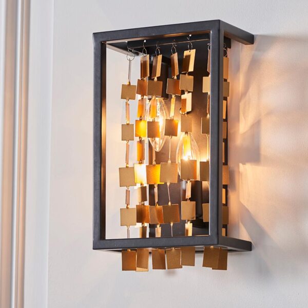 Endon Daya 2 Light Modern Box Wall Light Matt Black & Gold