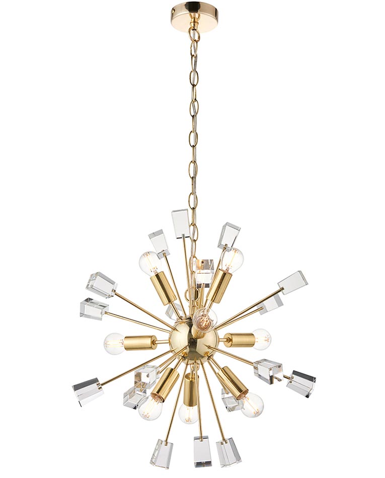 Endon Miro 9 Light Ceiling Pendant Satin Brass Crystal Cubes