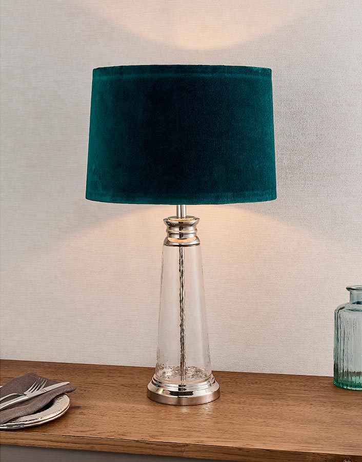 Endon Winslet Clear Hammered Glass Table Lamp Teal Velvet Shade