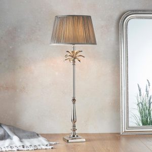 Endon Leaf large candlestick table lamp polished nickel charcoal silk shade roomset
