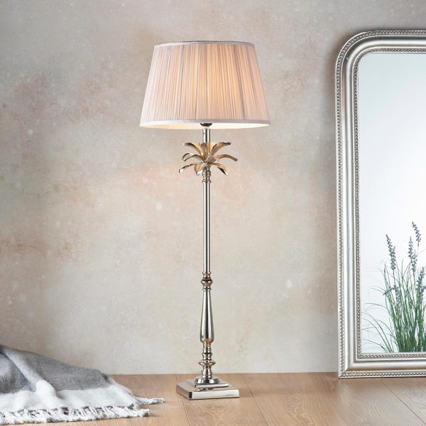 Endon Leaf large candlestick table lamp polished nickel pink silk shade roomset