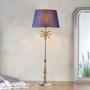 Endon Leaf large candlestick table lamp polished nickel navy cotton shade roomset