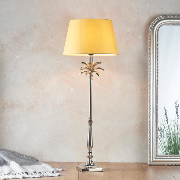 Endon Leaf large candlestick table lamp polished nickel yellow cotton shade roomset