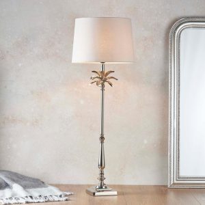 Endon Leaf large candlestick table lamp polished nickel natural linen shade roomset
