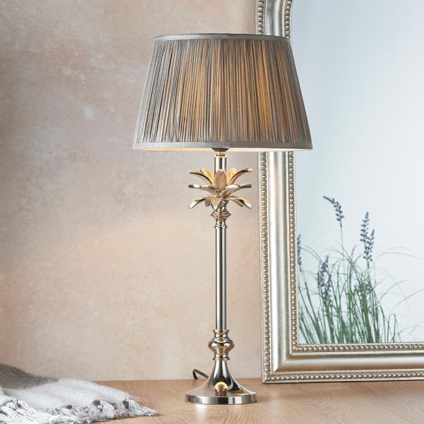 Endon Leaf small candlestick table lamp polished nickel charcoal silk shade roomset