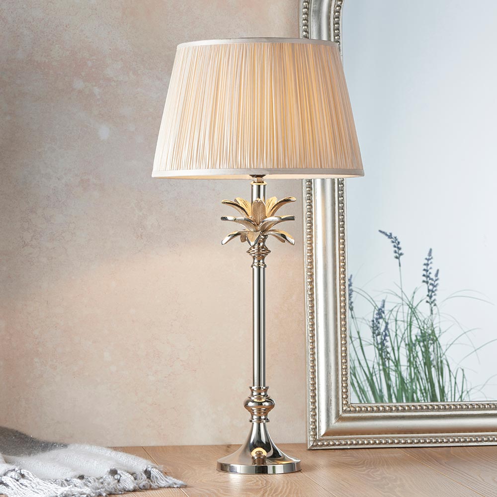 Leaf Small Candlestick Table Lamp Polished Nickel Oyster Silk Shade