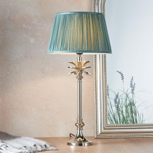 Endon Leaf small candlestick table lamp polished nickel fir green silk shade roomset