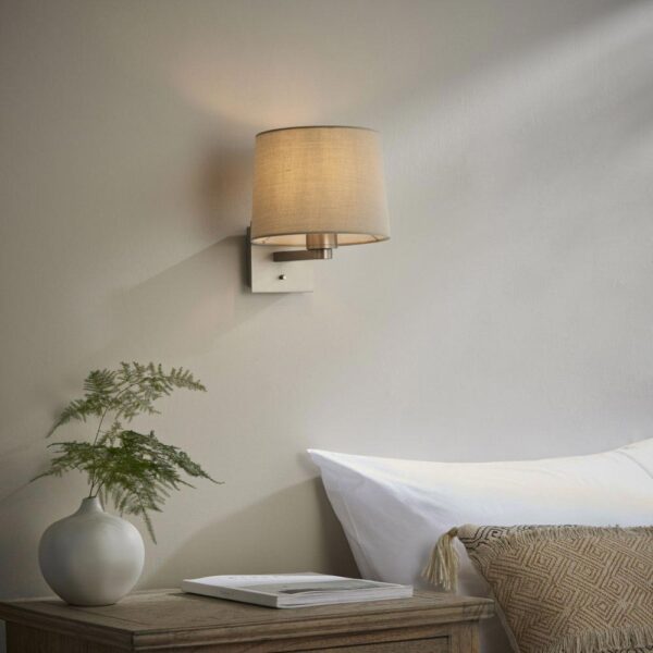 Issac Switched Bedside Wall Light Matt Nickel Taupe Tapered Shade