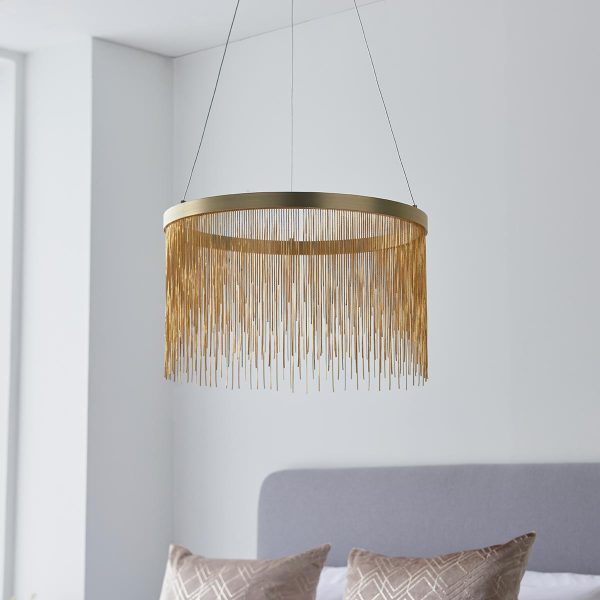 Endon Zelma LED ring ceiling pendant in satin brass with gold chain waterfall main image