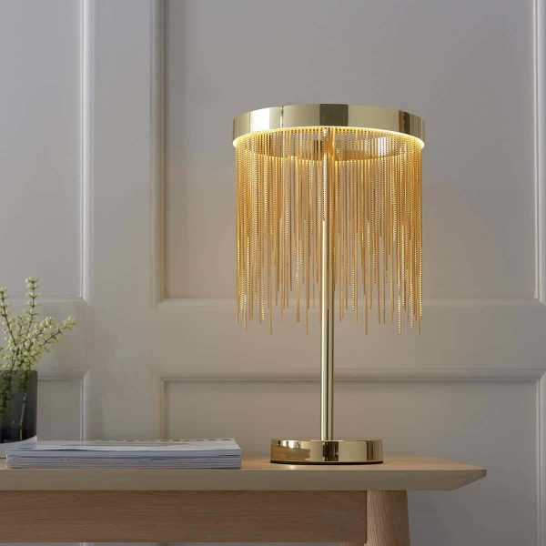 Endon Zelma LED ring table lamp in satin brass with gold chain waterfall main image