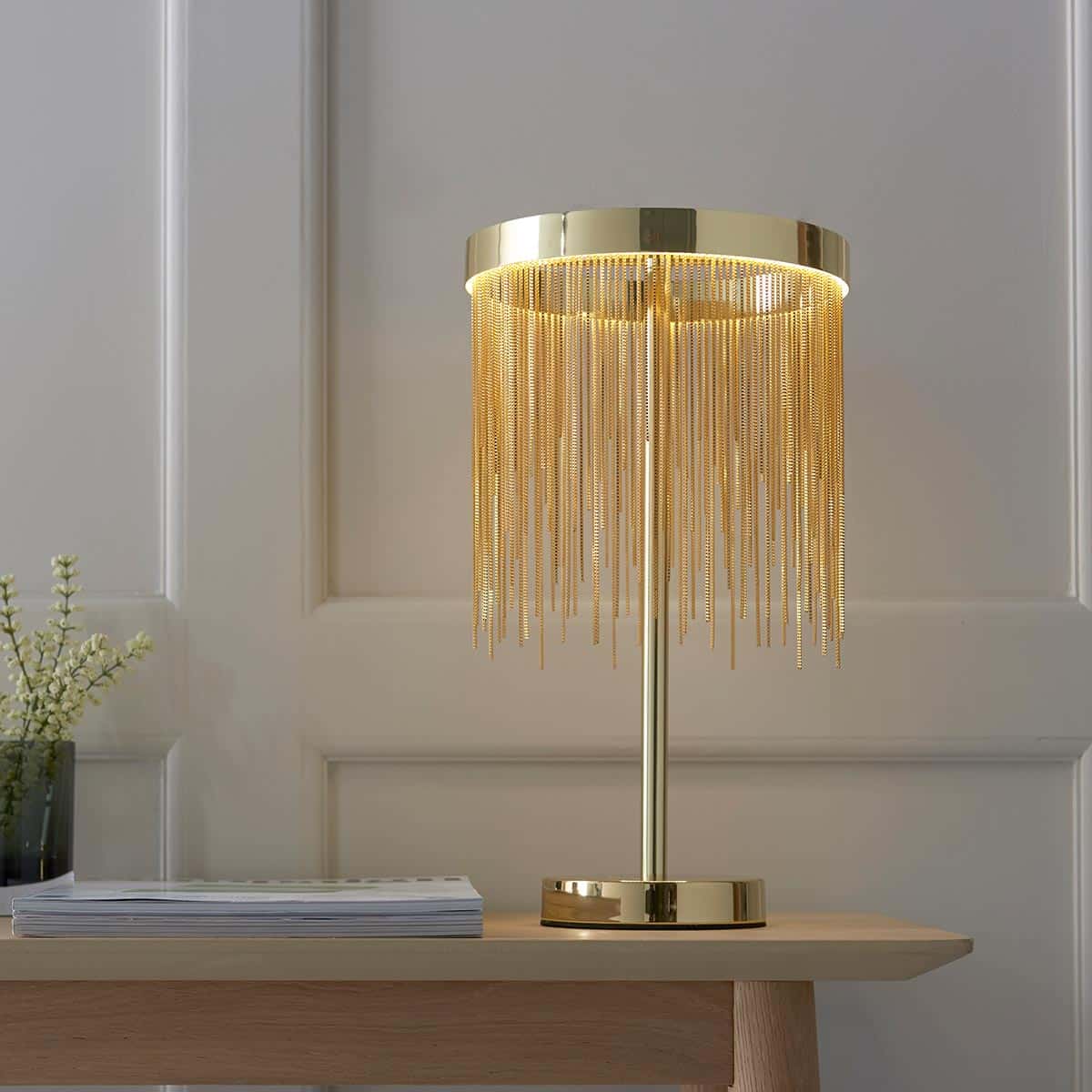 Endon Zelma LED Ring Table Lamp Satin Brass Gold Finish Chain