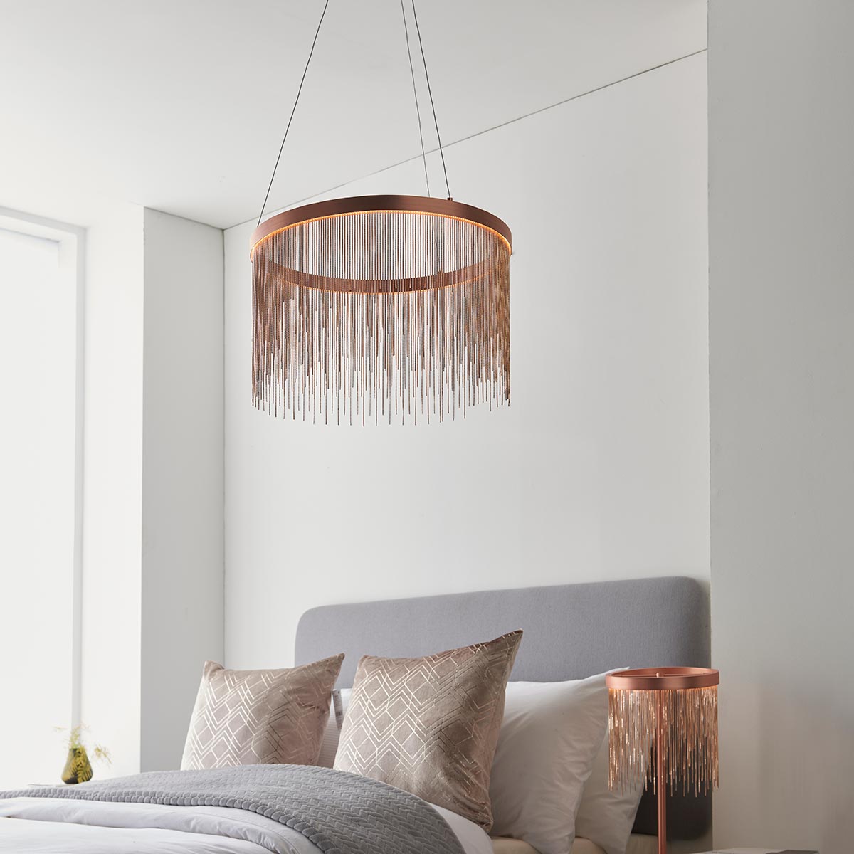 Endon Zelma LED Ring Ceiling Pendant Brushed Copper Chain Waterfall