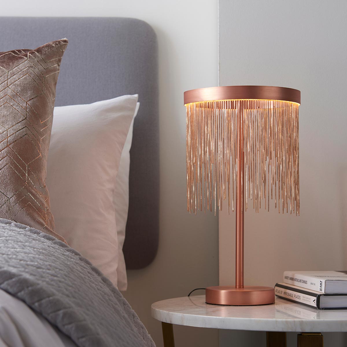 Endon Zelma LED Ring Table Lamp Brushed Copper Chain Waterfall