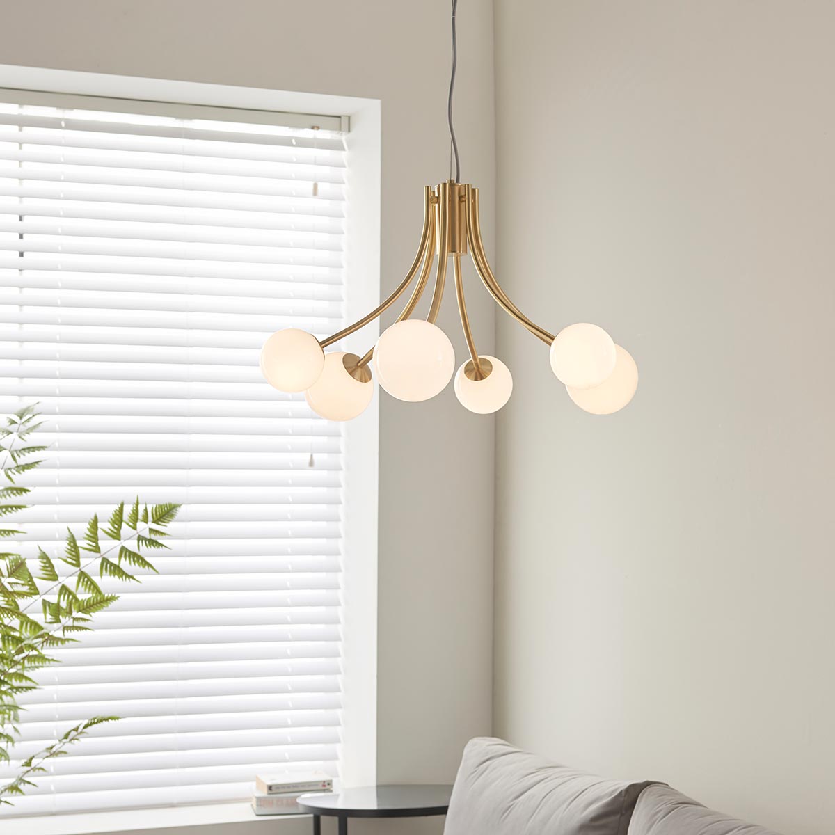 Endon Bloom Stylish 6 Light Ceiling Pendant Satin Brass Opal Globes