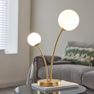 Endon Bloom 2 light table lamp in satin brass with opal glass globes main image