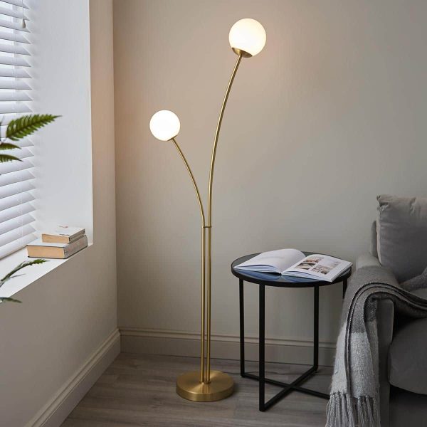 Endon Bloom 2 light floor lamp in satin brass with opal glass globes main image