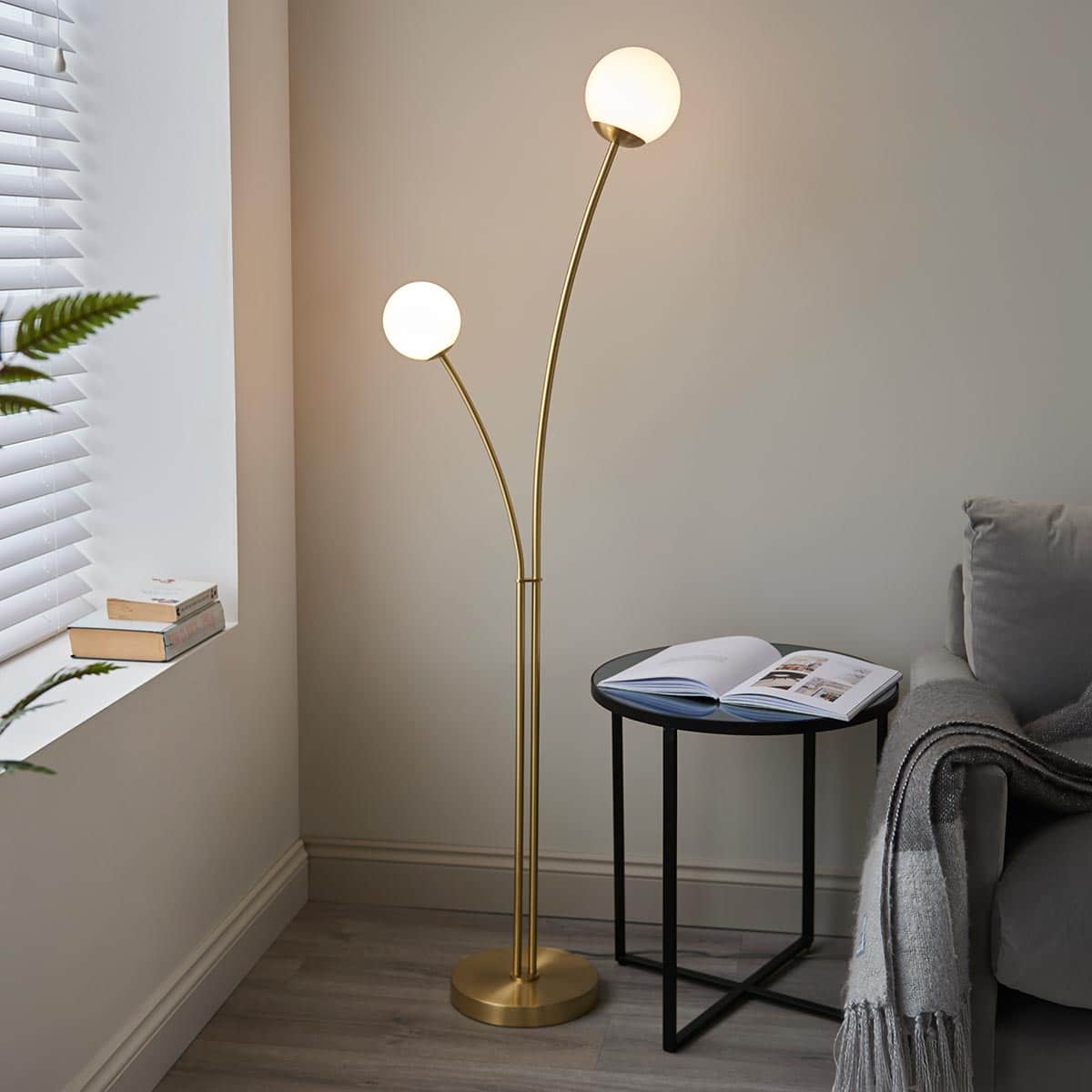 Endon Bloom Stylish 2 Light Floor Lamp Satin Brass Opal Glass Globes