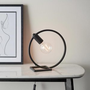 Endon Shape contemporary circular 1 light table lamp in matt black roomset
