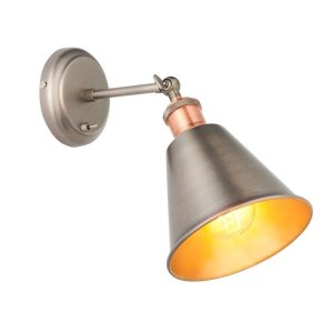 Endon Hal industrial switched wall light aged pewter & copper with cone shade main image