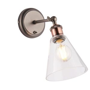 Endon Hal industrial switched wall light aged pewter & copper glass cone shade main image
