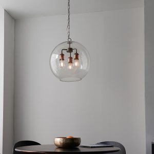 Endon Hal 3 light clear glass ceiling pendant in aged pewter and copper main image