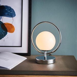 Endon Orb 1 light table lamp in chrome with opal glass globe main image