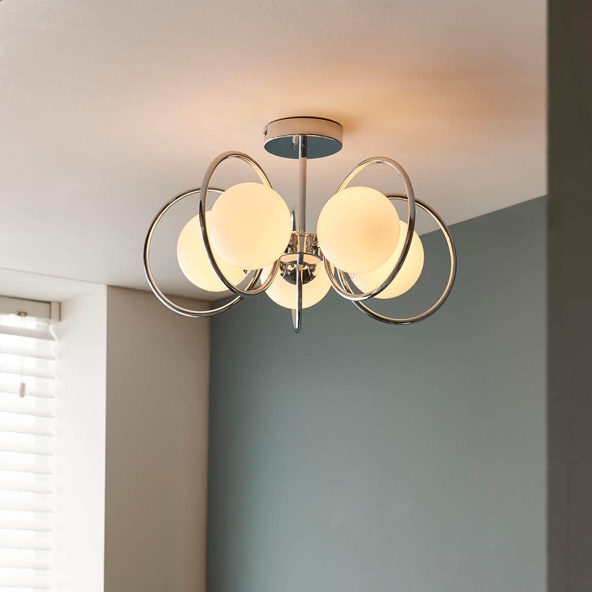 Endon Orb 5 Lamp Semi Flush Ceiling Light Chrome Opal White Globes