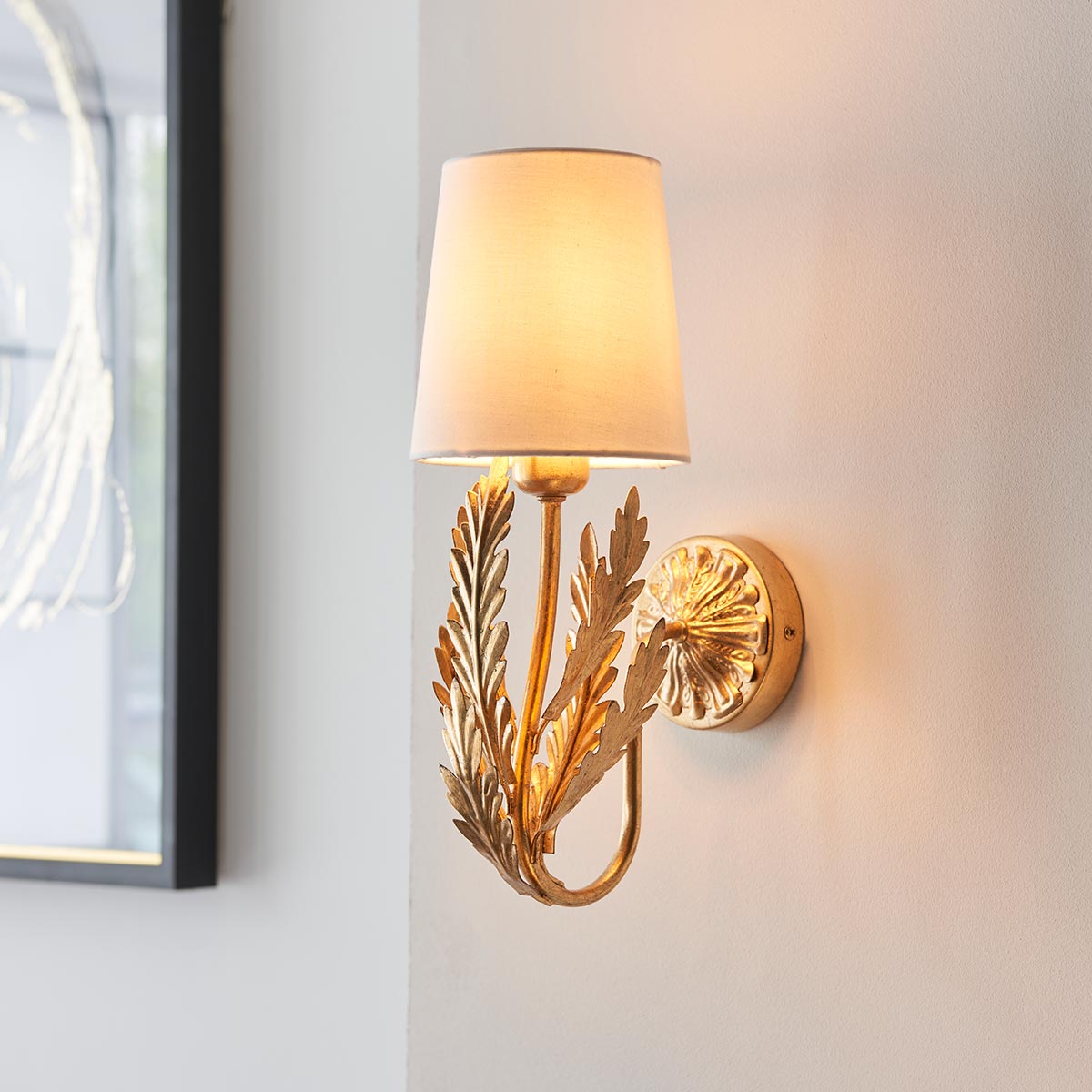 Endon Delphine Floral 1 Lamp Single Wall Light Gold Leaf Ivory Shade