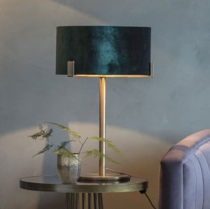 Endon Hayfield table lamp green velvet shade in antique brass roomset