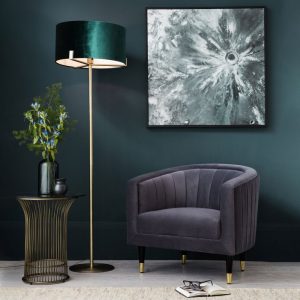 Endon Hayfield floor lamp green velvet shade in antique brass roomset