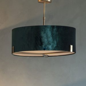 Endon Hayfield 3 light ceiling pendant green velvet shade antique brass insitu