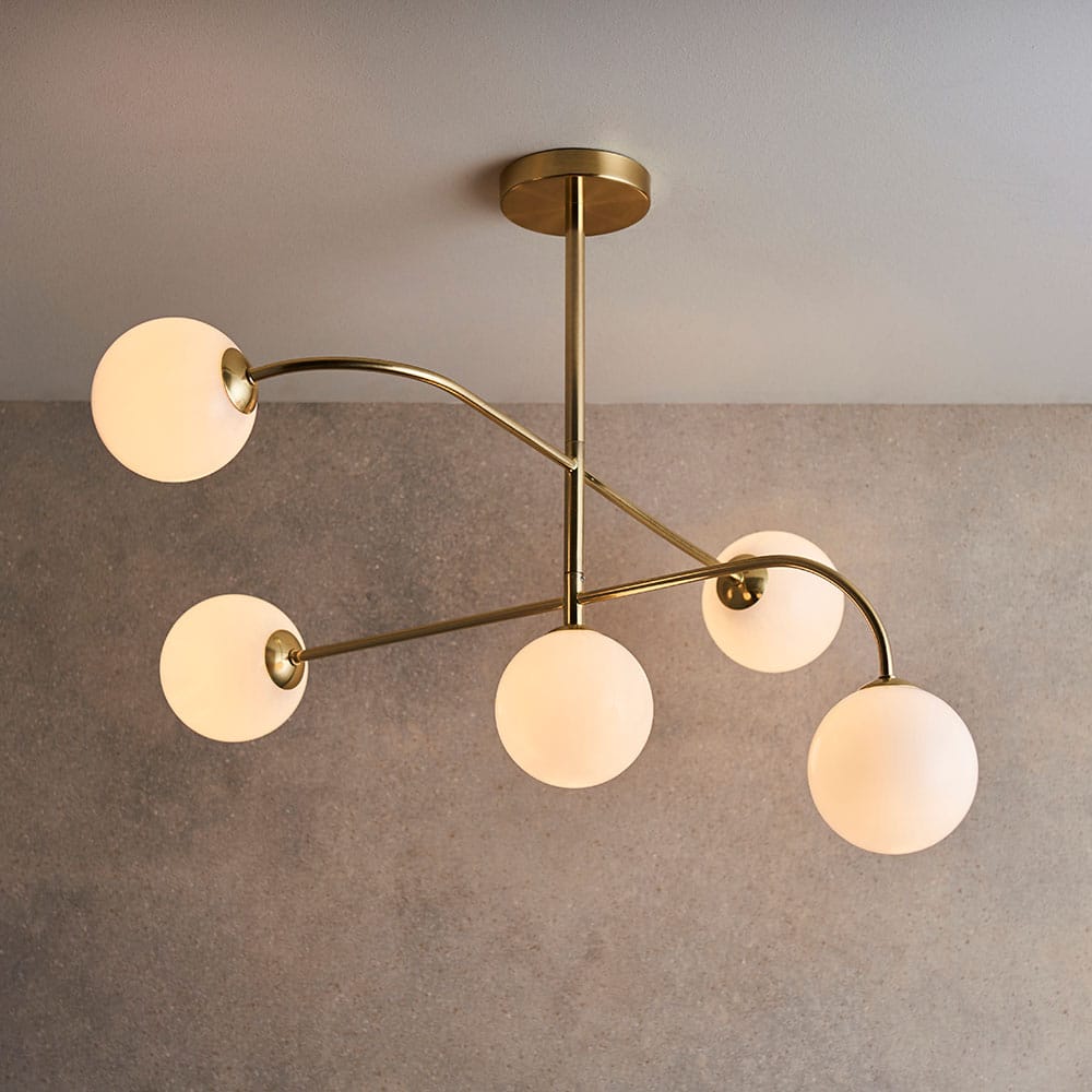 Otto Retro 5 Lamp Semi Flush Low Ceiling Light Brushed Brass Opal Glass